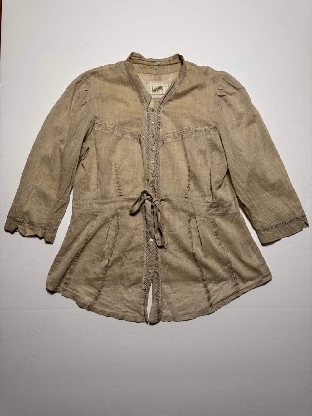 PETE & GRETA Women's 100% Cotton Sheer Light Brown Tie-Waist Button Up Shirt LG